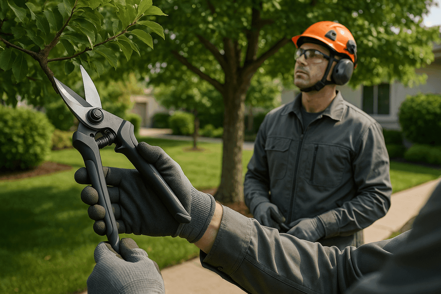 Professional tree care worker in safety gear pruning a healthy tree on a tidy property