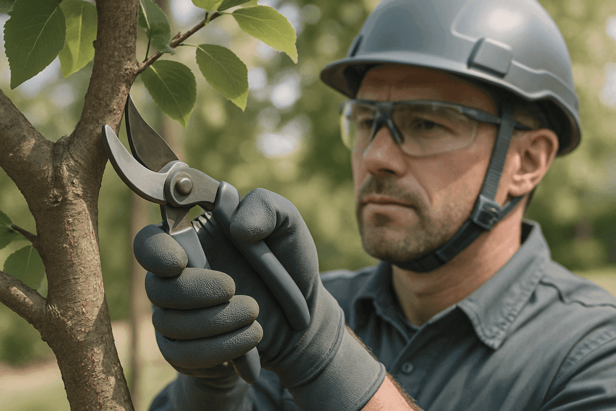 Close-up of gloved hands trimng a healthy tree branch with pruning shears outdoors